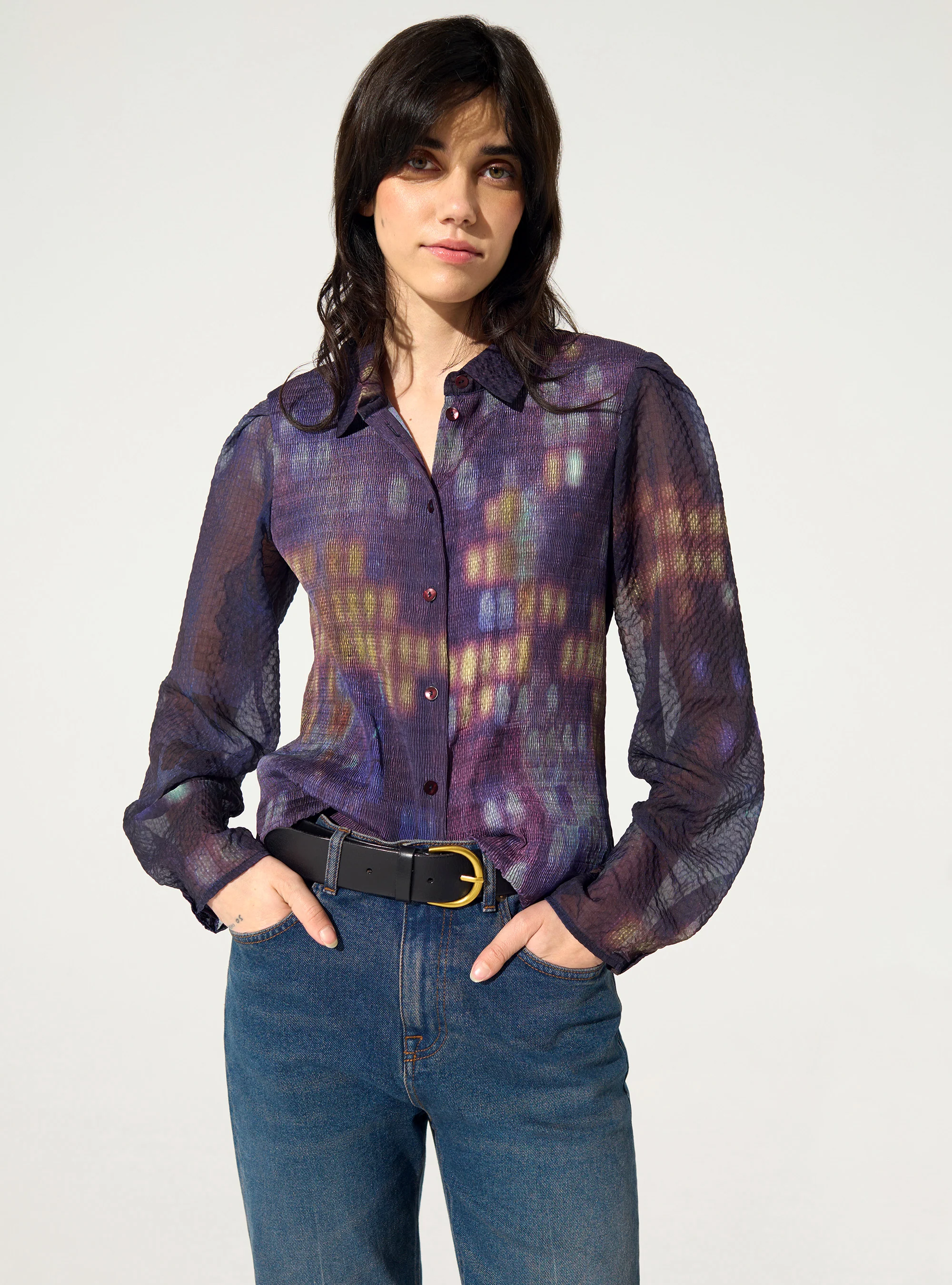 Chemise ajustée plissée imprimé maison violette - Image 3